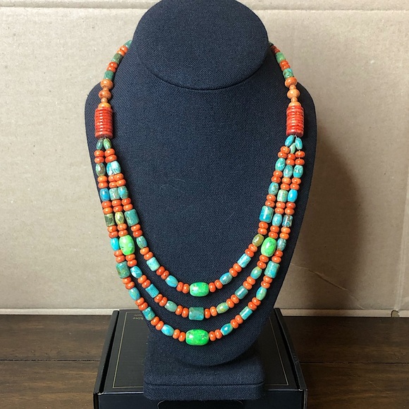 JAY KING DTR Desert Rose Turquoise Coral Triple Strand Sterling Silver Necklace - Picture 13 of 17